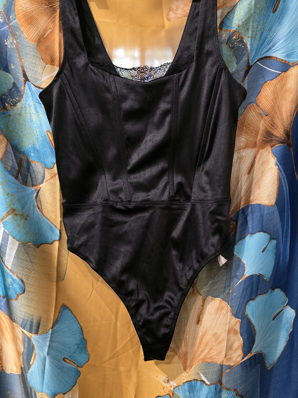 Womans Black Satin Look Bodysuit Top With Boning And Lace Trim